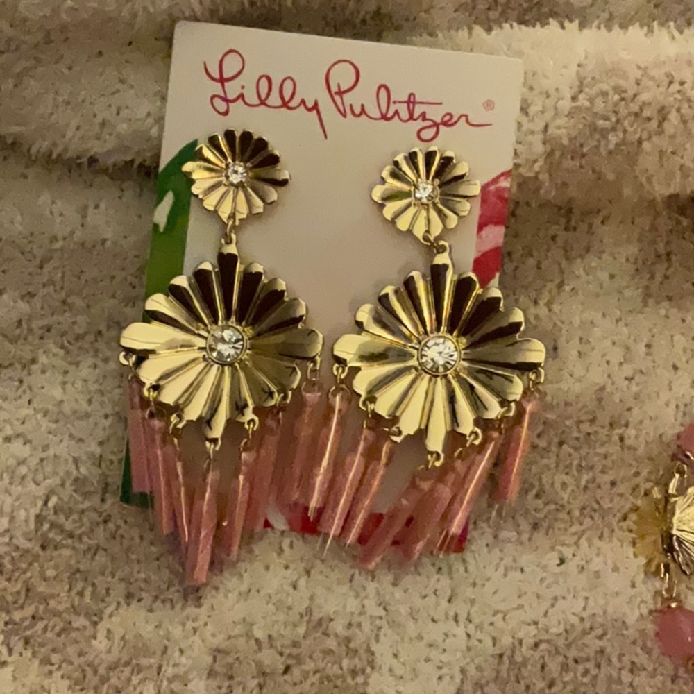 Lilly Pulitzer Gold and Pink Flower Dangle Earrings